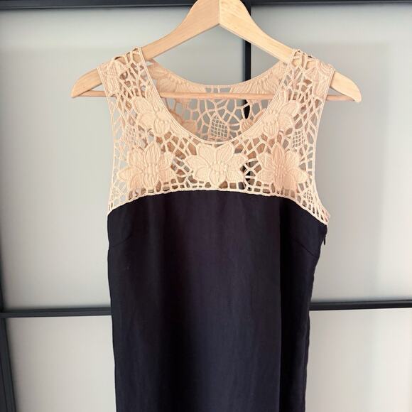 Ann Taylor Loft 100% Linen Dress Size 6 Boho Crochet Lace Black Classy Sundress - Picture 5 of 16
